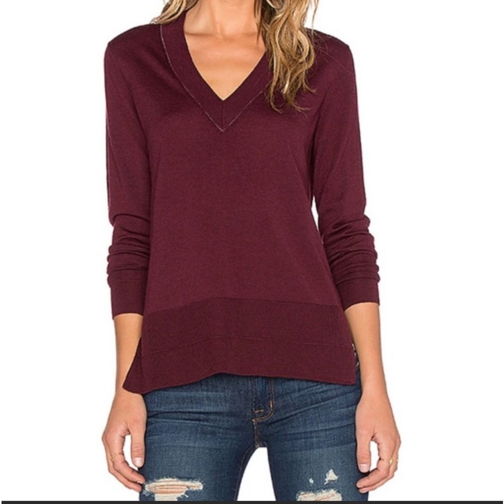 Rag And Bone Leanna V Neck Sweater in Burgundy Merino Wool